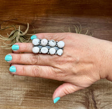Load image into Gallery viewer, White Buffalo Turquoise Ring – 8-Stone Adjustable Long Statement Ring