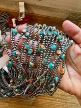 Load image into Gallery viewer, Mixed Turquoise & Spiny Oyster Necklace – 3mm Sterling Silver Pearls