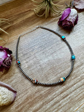 Load image into Gallery viewer, Mixed Turquoise & Spiny Oyster Necklace – 3mm Sterling Silver Pearls