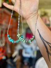 Load image into Gallery viewer, Green Turquoise Chip Necklace – Sterling Silver Pearl Accent – Paperclip Chain