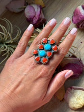 Load image into Gallery viewer, Red Coral & Kingman Turquoise Sterling Silver Ring – Adjustable