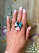 Load image into Gallery viewer, Pink Conch, Kingman Turquoise & White Buffalo Sterling Silver Ring – Adjustable (Size 9+)