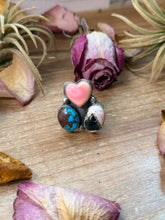 Load image into Gallery viewer, Pink Conch, Kingman Turquoise & White Buffalo Sterling Silver Ring – Adjustable (Size 9+)