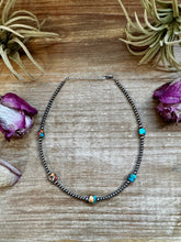 Load image into Gallery viewer, Mixed Turquoise &amp; Spiny Oyster Necklace – 3mm Sterling Silver Pearls
