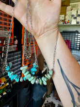 Load image into Gallery viewer, Green Turquoise Chip Necklace – Sterling Silver Pearl Accent – Paperclip Chain
