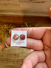 Load image into Gallery viewer, Mini Square Spiny Oyster Stud Earrings – Zuni Handmade, Sterling Silver
