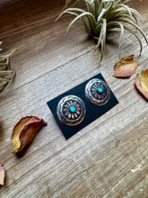 Load image into Gallery viewer, Concho Earrings – Kingman Turquoise &amp; Sterling Silver
