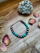 Load image into Gallery viewer, 8 mm Sterling Silver Pearls bracelet with round turquoise
