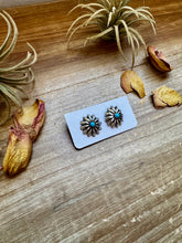 Load image into Gallery viewer, Small Sterling Silver Concho Earrings with Kingman Turquoise – Made in the USA
