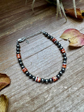 Load image into Gallery viewer, Sterling Silver Pearl Bracelet with Red-Orange Spiny Oyster Heishi
