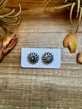 Load image into Gallery viewer, Small Sterling Silver Concho Earrings with Kingman Turquoise – Made in the USA
