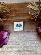 Load image into Gallery viewer, Triangle Kingman Turquoise Stud Earrings – Sterling Silver – Zuni Native Made

