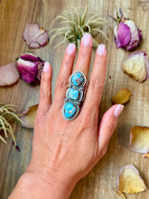 Load image into Gallery viewer, 3-Stone Golden Hills Turquoise Sterling Silver Ring – Adjustable
