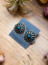 Load image into Gallery viewer, Sterling Silver Concho Earrings with Kingman Turquoise
