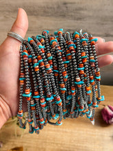 Load image into Gallery viewer, Sterling Silver Pearl Necklace with Orange Spiny Oyster &amp; Sleeping Beauty Turquoise Chips – 14.5”
